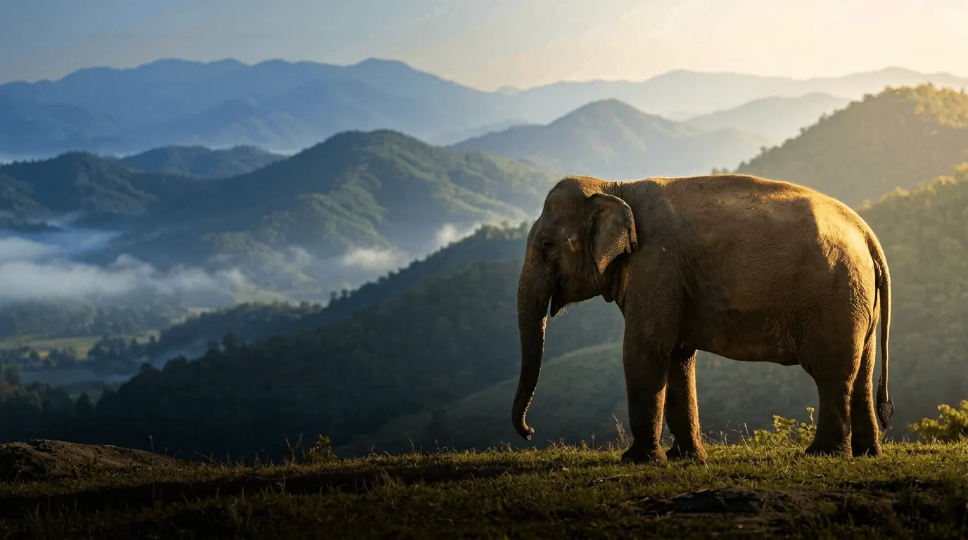 Rescued elephants roaming free in the forest at Doi Lom Elephant Rescue Sanctuary, Mae Taeng, Chiang Mai